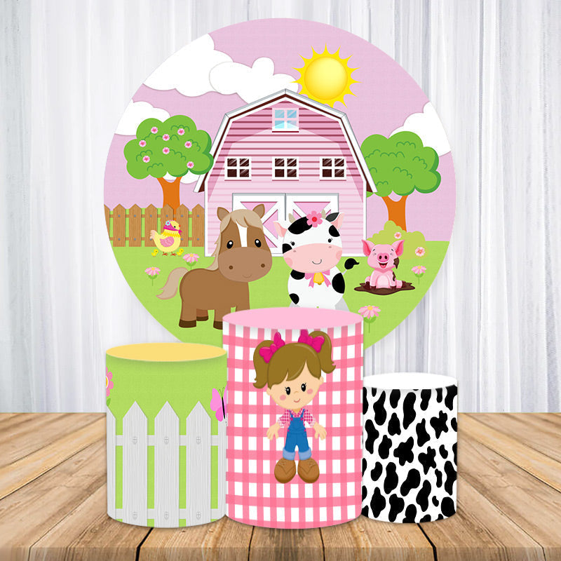 Aperturee Pink House And Animals Circle Baby Shower Backdrop