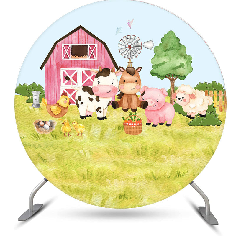 Aperturee - Pink House And Animals Round Happy Birthday Backdrop