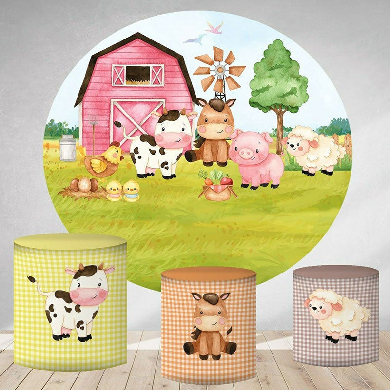 Aperturee Pink House And Animals Round Happy Birthday Backdrop