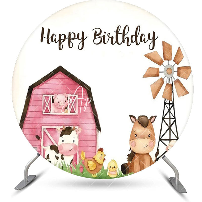 Aperturee - Pink House Animals Farm Round Birthday Backdrop