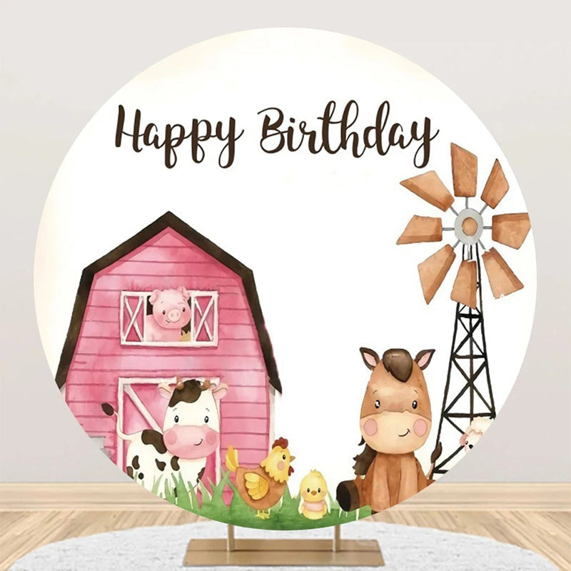 Aperturee - Pink House Animals Farm Round Birthday Backdrop