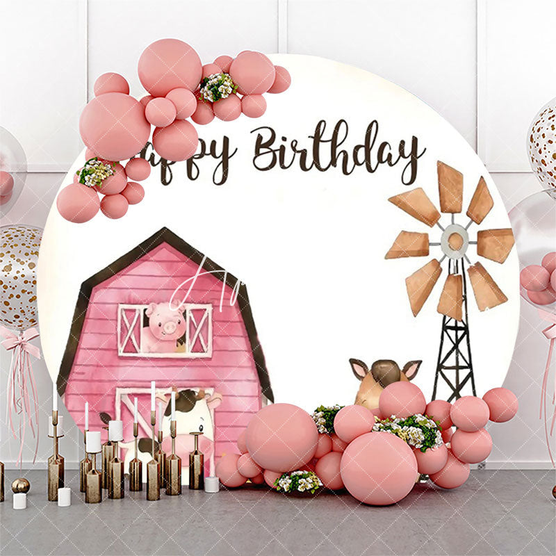 Aperturee - Pink House Animals Farm Round Birthday Backdrop