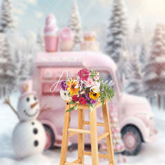 Aperturee - Pink Ice Cream Car Snowman Forest Christmas Backdrop