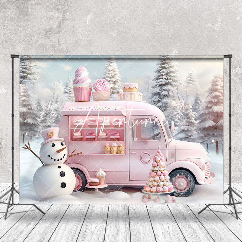 Aperturee - Pink Ice Cream Car Snowman Forest Christmas Backdrop