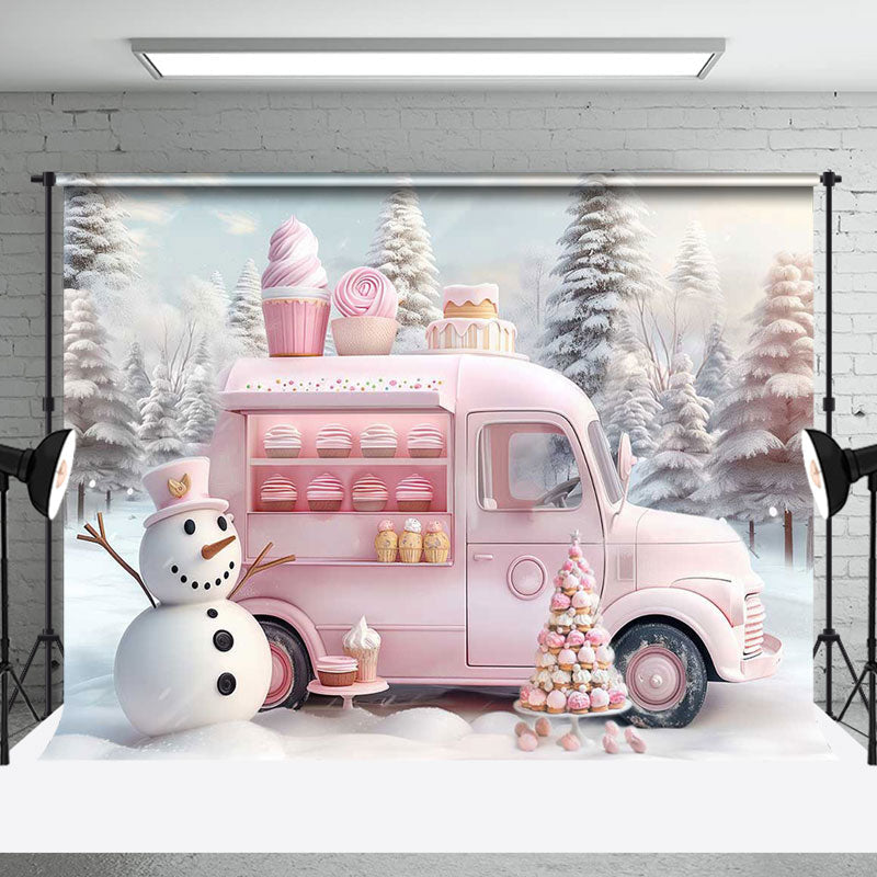 Aperturee - Pink Ice Cream Car Snowman Forest Christmas Backdrop