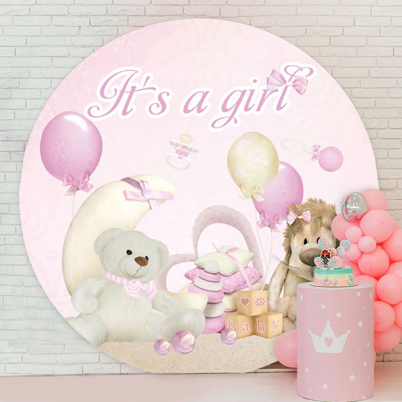 Aperturee - Pink Its A Girl Ballon And Bear Round Baby Shower Backdrop