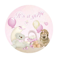 Aperturee - Pink Its A Girl Ballon And Bear Round Baby Shower Backdrop