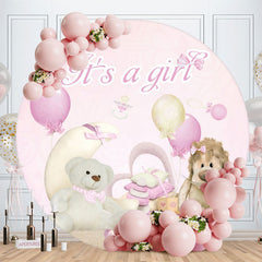 Aperturee - Pink Its A Girl Ballon And Bear Round Baby Shower Backdrop