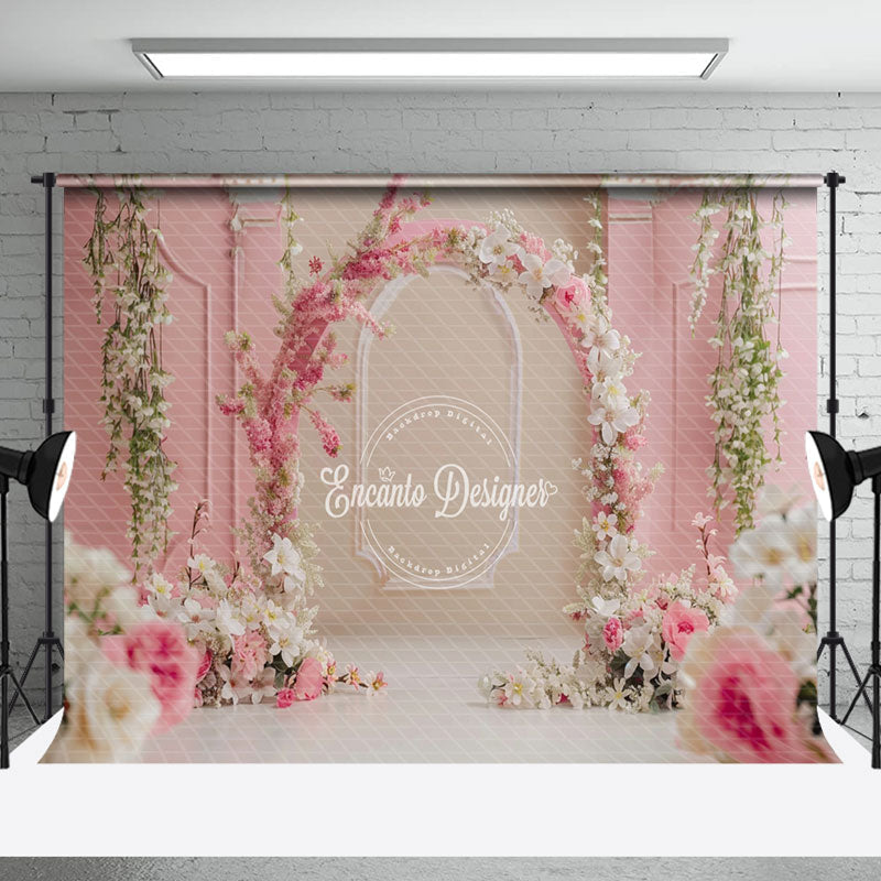 Aperturee - Pink Khaki Retro Wall Arch Floral Wedding Backdrop