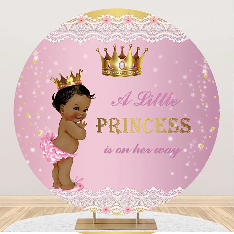 Aperturee - Pink Lace Little Princess Round Baby Shower Backdrop