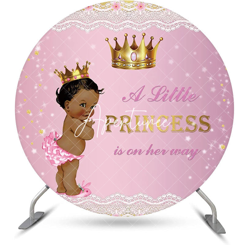 Aperturee - Pink Lace Little Princess Round Baby Shower Backdrop