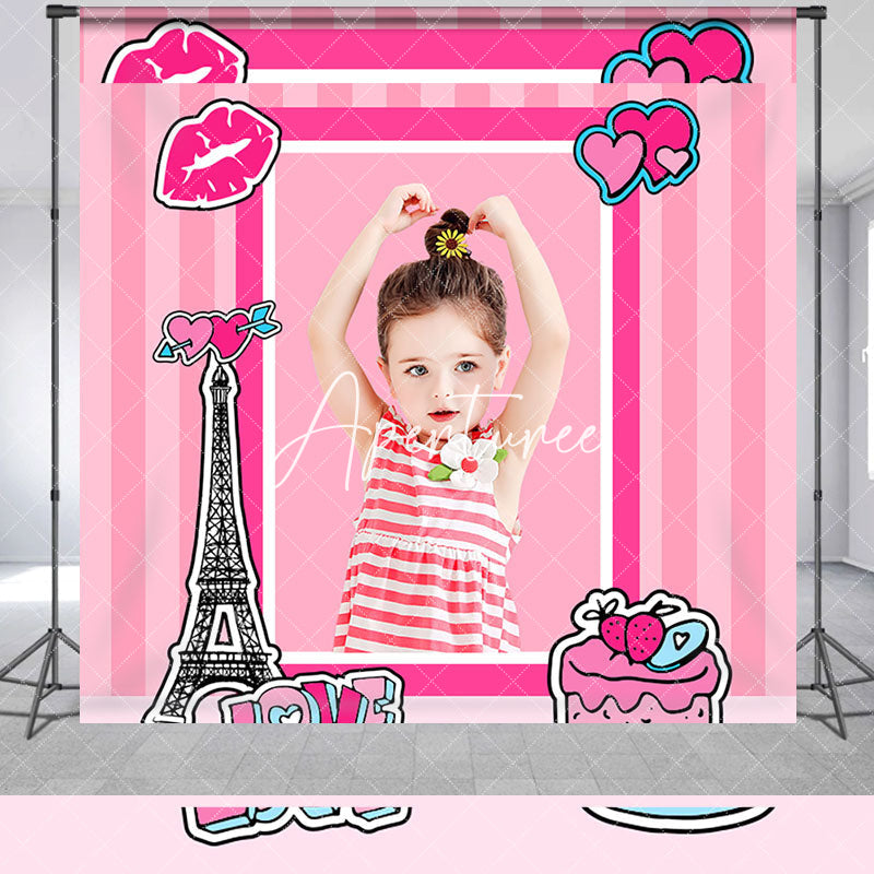 Aperturee - Pink Lip Cake Eiffel Tower Custom Birthday Backdrop