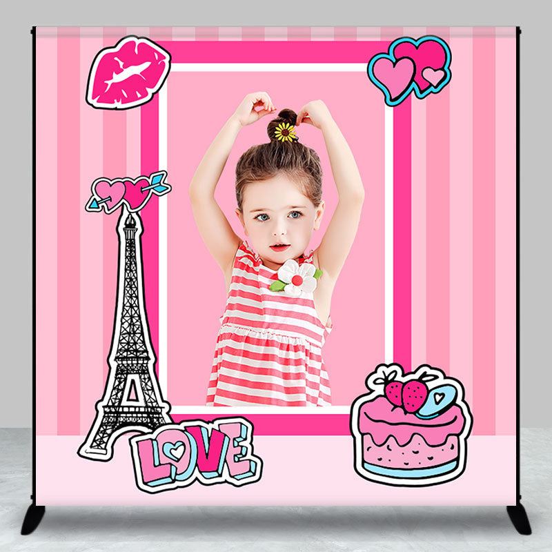 Aperturee - Pink Lip Cake Eiffel Tower Custom Birthday Backdrop