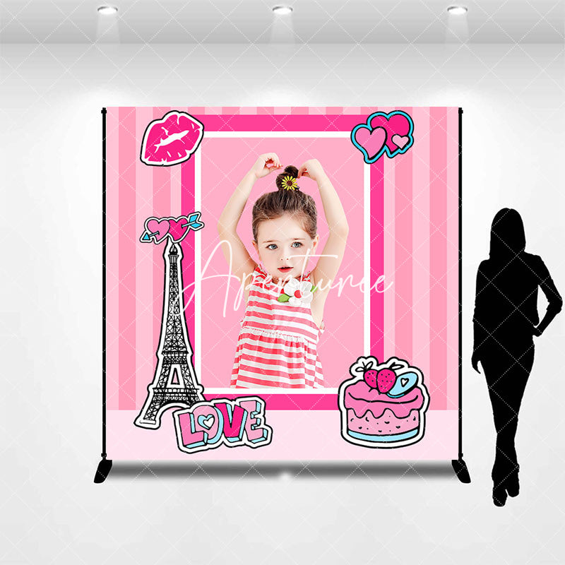 Aperturee - Pink Lip Cake Eiffel Tower Custom Birthday Backdrop