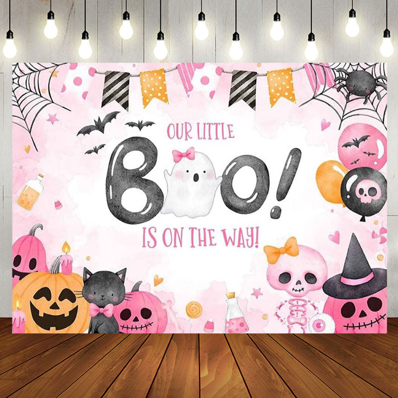 Aperturee - Pink Little Boo Halloween Girl Baby Shower Backdrop