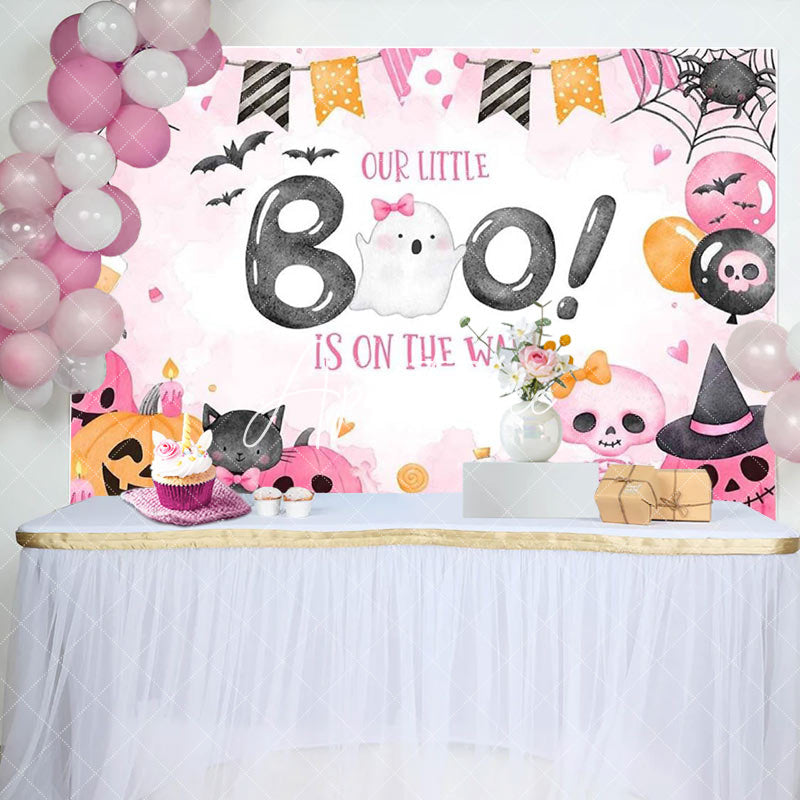 Aperturee - Pink Little Boo Halloween Girl Baby Shower Backdrop