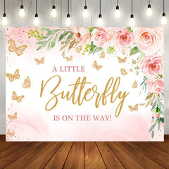 Aperturee - Pink Little Butterfly Flowers Baby Shower Backdrop