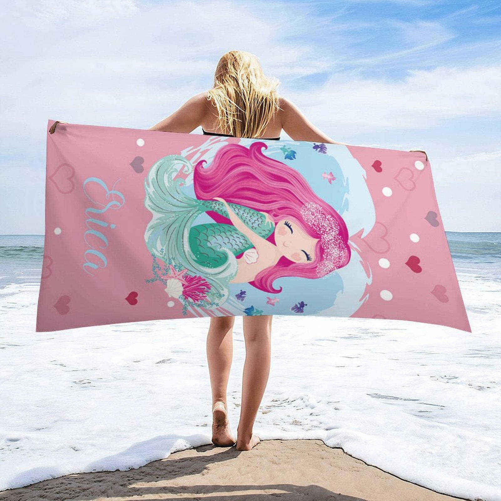 Aperturee - Pink Mermaid Cute Girl Personalized Name Beach Towel