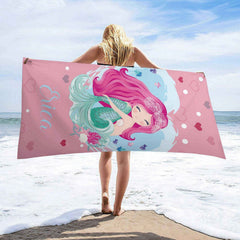 Aperturee - Pink Mermaid Cute Girl Personalized Name Beach Towel