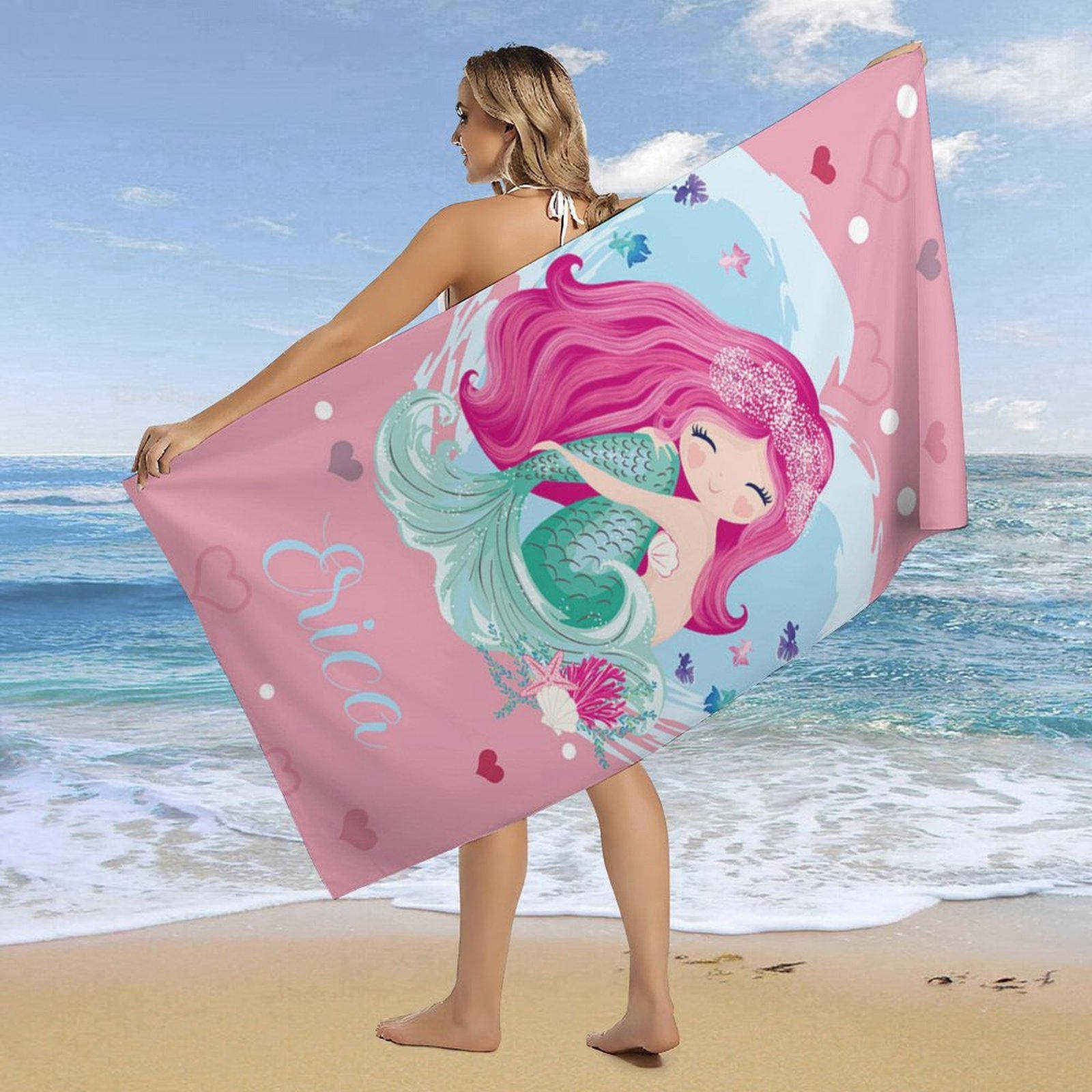 Aperturee - Pink Mermaid Cute Girl Personalized Name Beach Towel