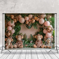 Aperturee - Pink Monkey Balloons Birthday Cake Smash Backdrop