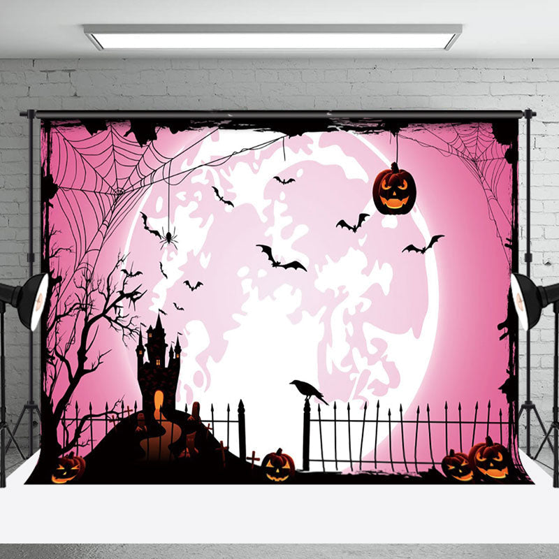 Aperturee - Pink Moon Atmosphere Pumpkin Bat Happy Halloween Backdrop