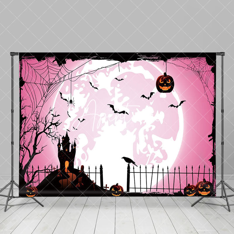 Aperturee - Pink Moon Atmosphere Pumpkin Bat Happy Halloween Backdrop