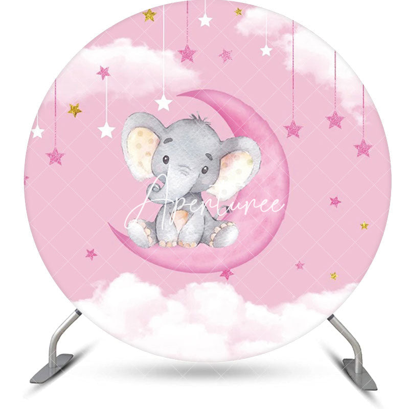 Aperturee - Pink Moon Elephant Star Round Baby Shower Backdrop