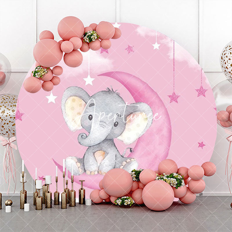 Aperturee - Pink Moon Elephant Star Round Baby Shower Backdrop