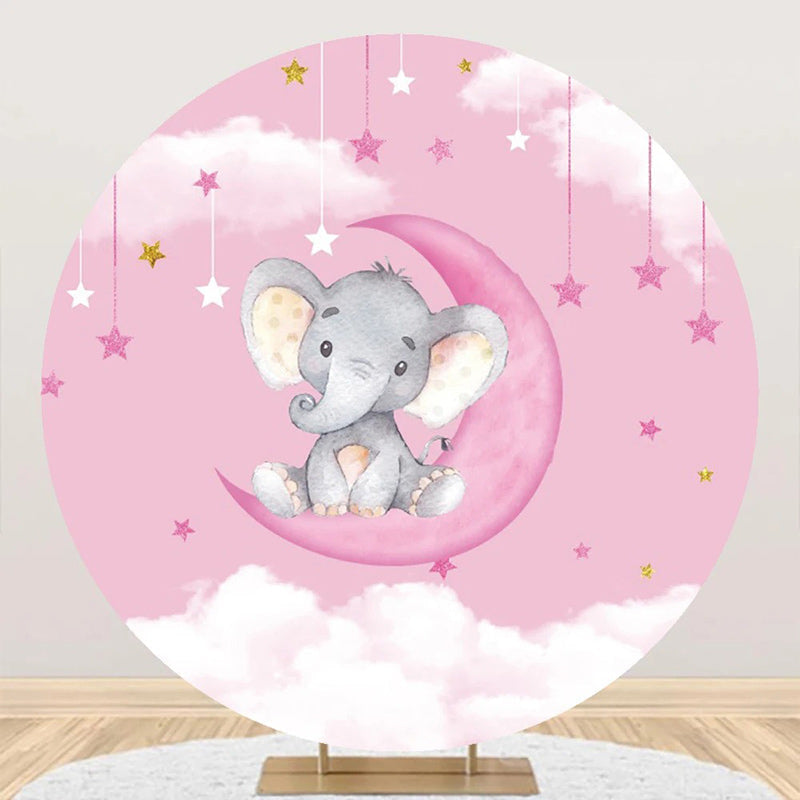 Aperturee - Pink Moon Elephant Star Round Baby Shower Backdrop