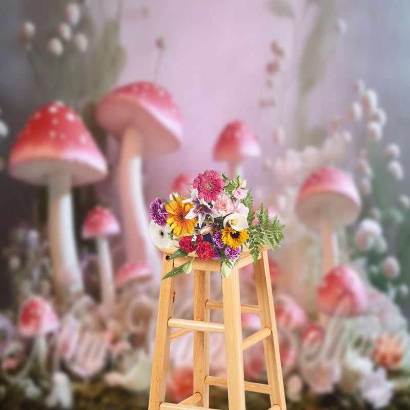 Aperturee - Pink Mushroom White Floral Misty Wonderland Backdrop