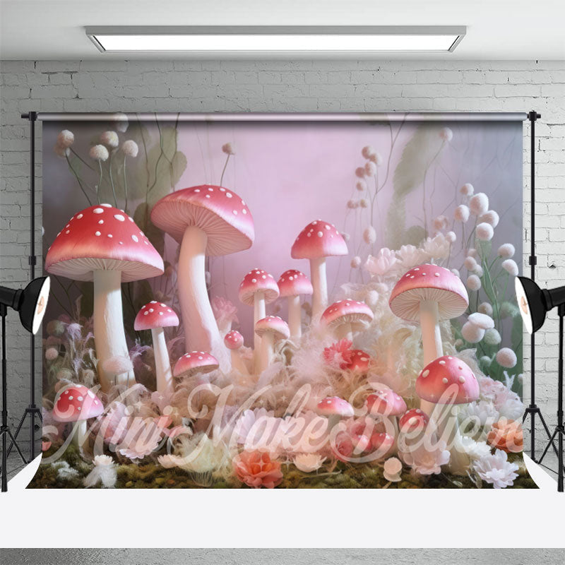 Aperturee - Pink Mushroom White Floral Misty Wonderland Backdrop