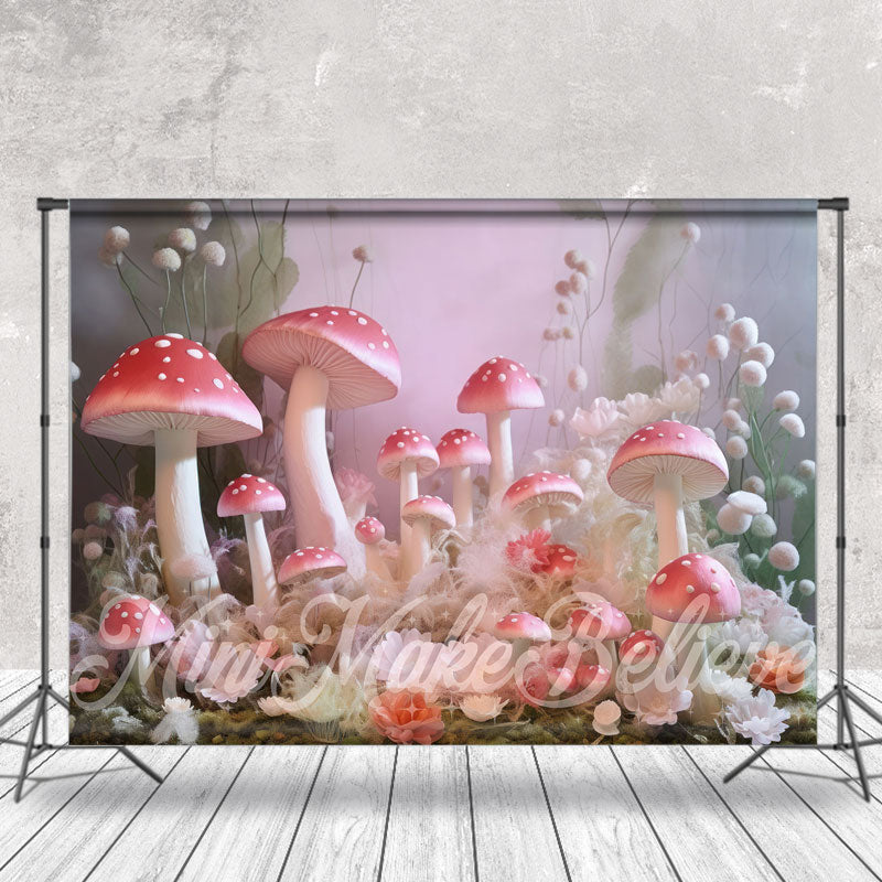 Aperturee - Pink Mushroom White Floral Misty Wonderland Backdrop