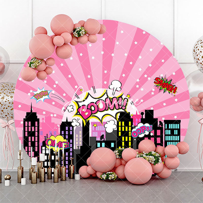 Aperturee Pink Night City Star Boom Round Birthday Backdrop