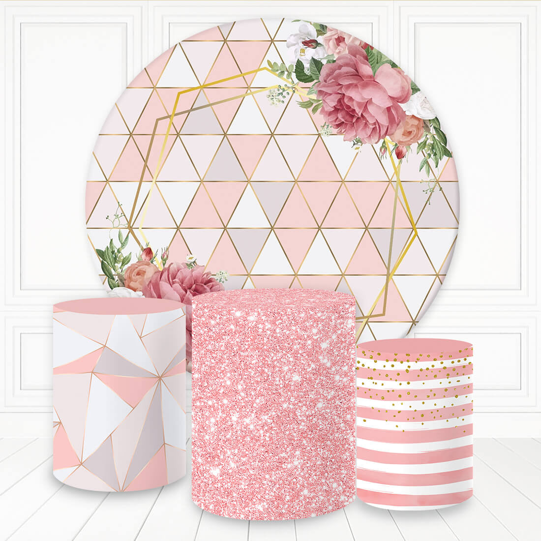 Aperturee Pink Pattern Glitter Floral Round Birthday Backdrop Kit