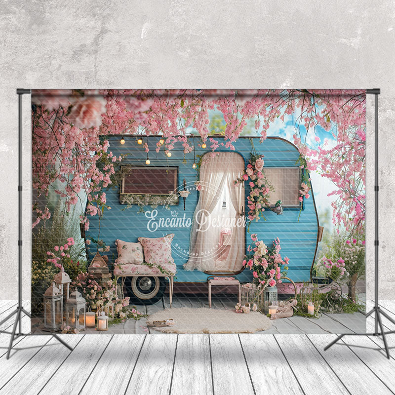 Aperturee - Pink Peach Flower RV Blue Sky Spring Photo Backdrop