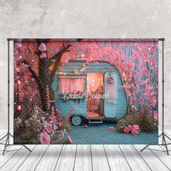 Aperturee - Pink Peach Flower Tree Light Blue RV Spring Backdrop