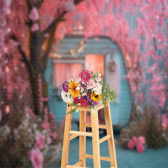 Aperturee - Pink Peach Flower Tree Light Blue RV Spring Backdrop