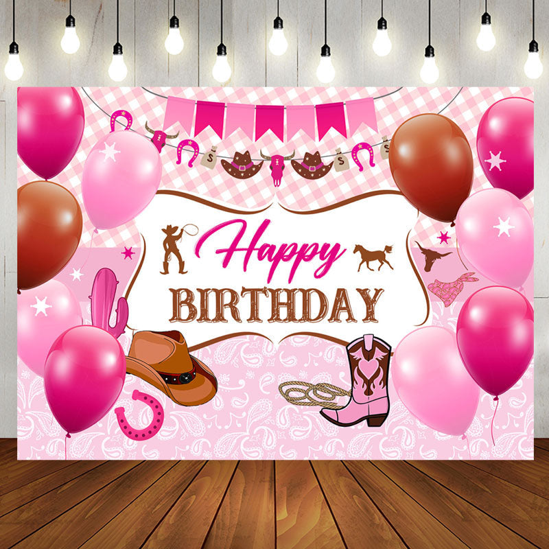 Aperturee - Pink Plaid Balloons Cowgirl Boots Birthday Backdrop