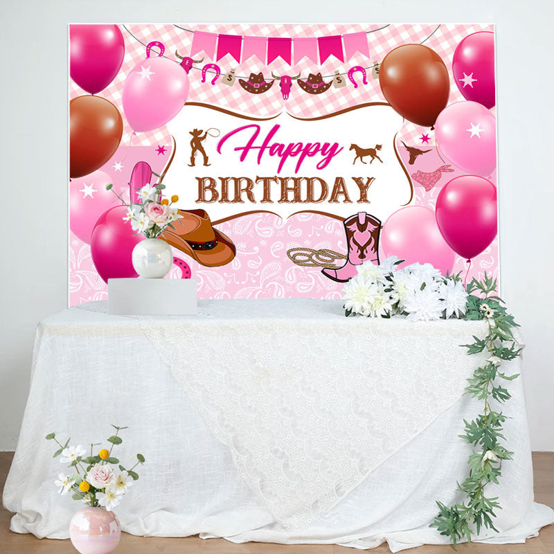 Aperturee - Pink Plaid Balloons Cowgirl Boots Birthday Backdrop