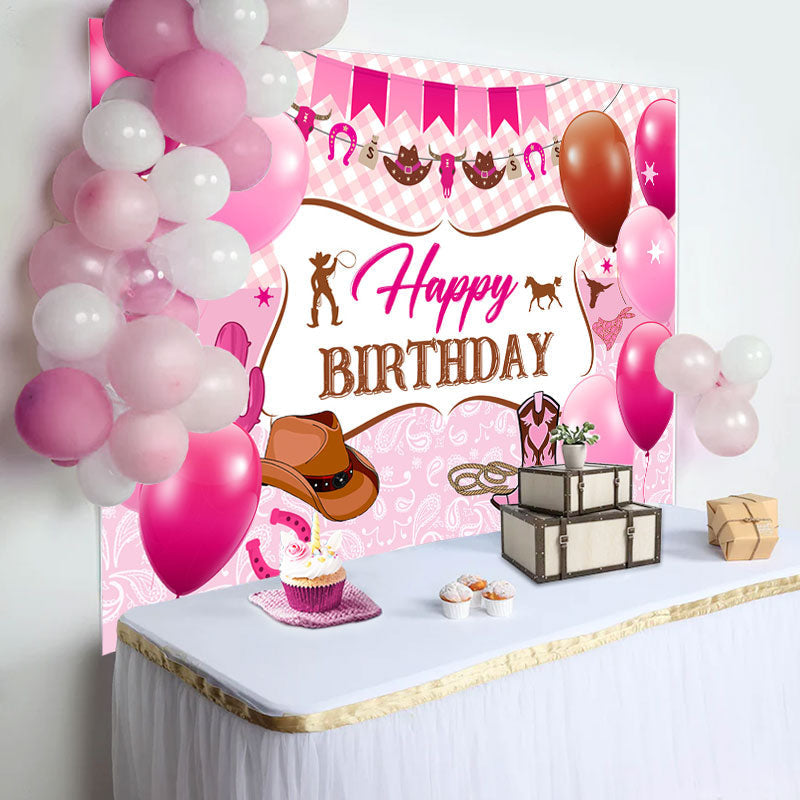 Aperturee - Pink Plaid Balloons Cowgirl Boots Birthday Backdrop