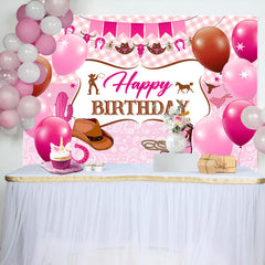 Aperturee - Pink Plaid Balloons Cowgirl Boots Birthday Backdrop