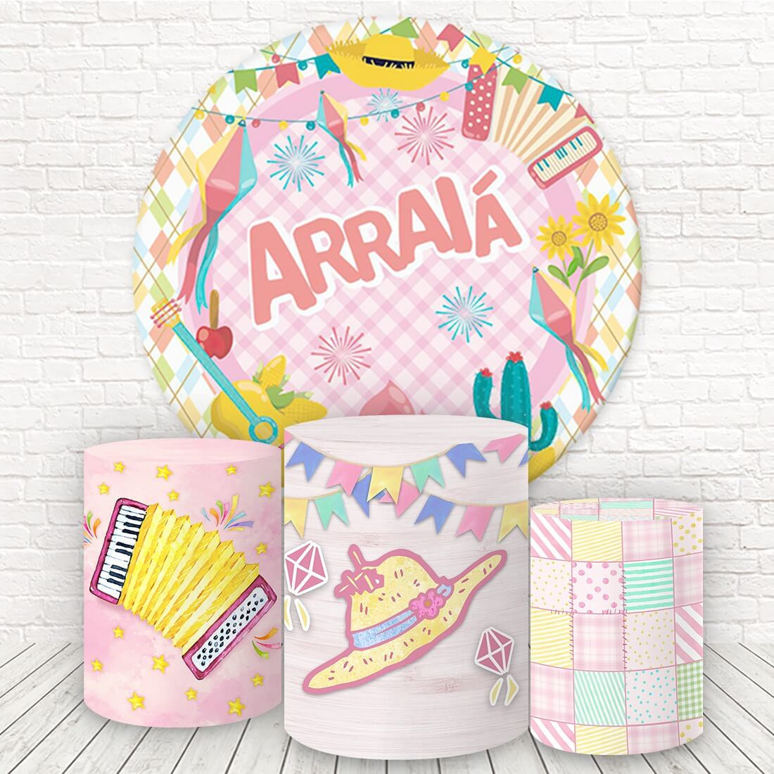 Aperturee Pink Plaid Fiesta Round Birthday Backdrop Kit For Girl