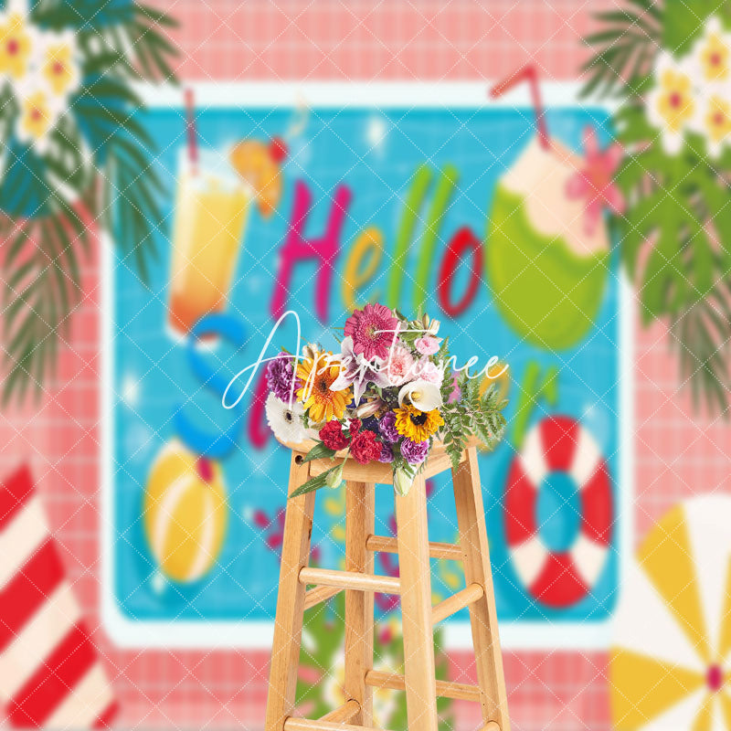 Aperturee - Pink Plaid Monstera Floral Pool Hello Summer Backdrop