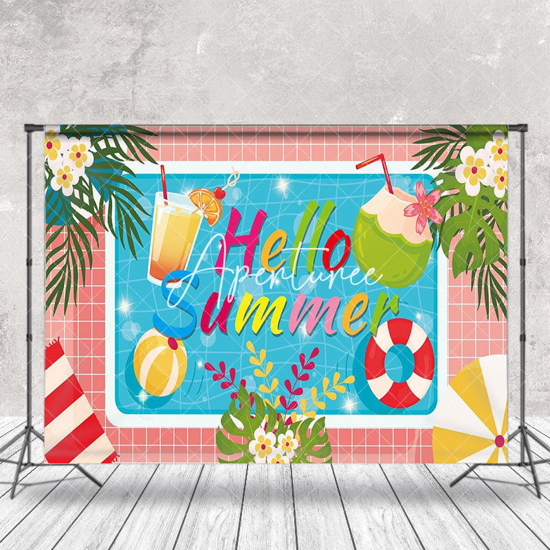 Aperturee - Pink Plaid Monstera Floral Pool Hello Summer Backdrop