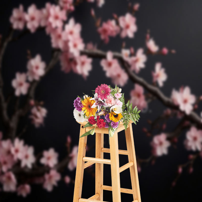 Aperturee - Pink Plum Blossoms Black Wall Photography Backdrop