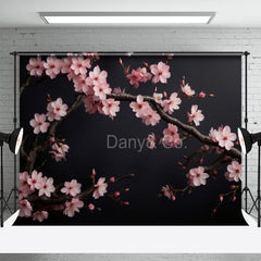 Aperturee - Pink Plum Blossoms Black Wall Photography Backdrop