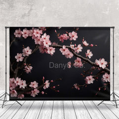 Aperturee - Pink Plum Blossoms Black Wall Photography Backdrop