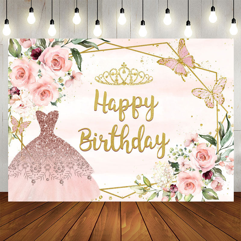 Aperturee - Pink Princess Dress and Butterfly Birthday Backdrop