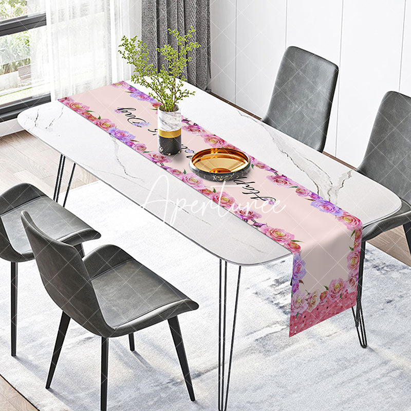 Aperturee - Pink Purple Floral Happy Mothers Day Table Runner